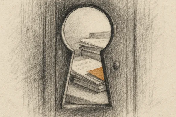 A closeup view through a keyhole in a heavy wooden door, symbolizing an AI agent's unexpected read access to personal files on macOS