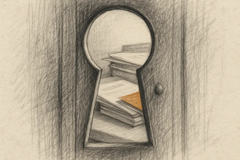 A closeup view through a keyhole in a heavy wooden door, symbolizing an AI agent's unexpected read access to personal files on macOS