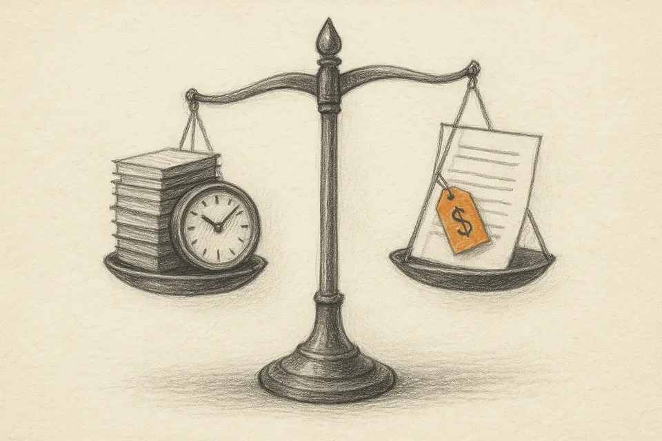 A courtroom balance scale weighing traditional hourly timesheets against AI-compressed production costs in legal practice