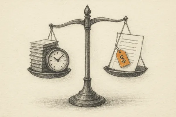 A courtroom balance scale weighing traditional hourly timesheets against AI-compressed production costs in legal practice