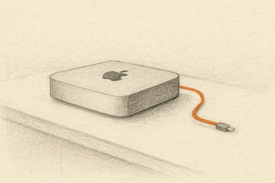 A Mac Mini computer sitting alone on a clean minimal desk, configured as a dedicated AI agent host with security isolation