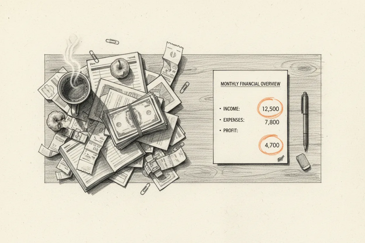 Practitioner's desk from above: messy financial documents on the left, clean organized summary on the right