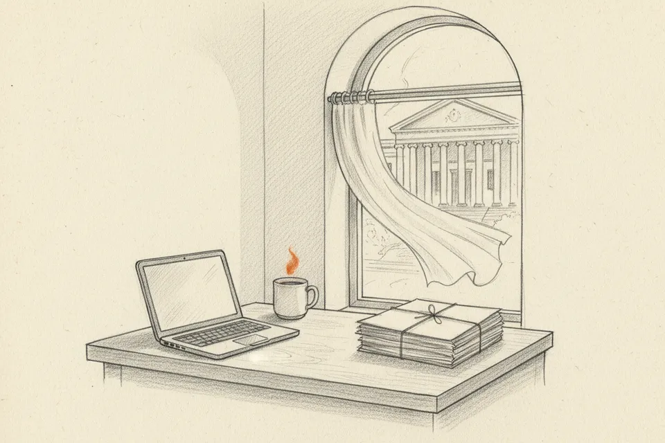 Solo practitioner's office with laptop, file folders, and courthouse visible through window