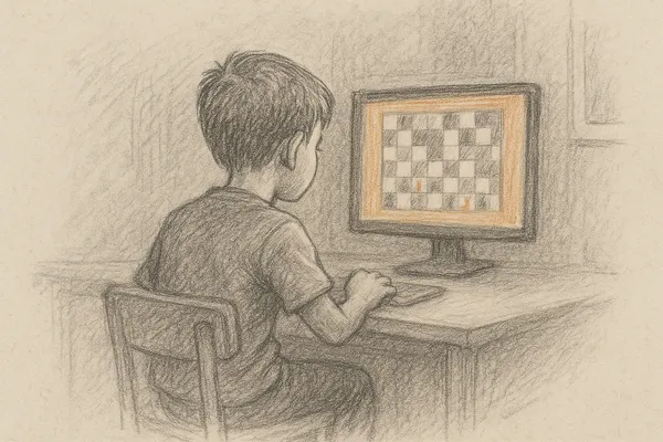 A ten-year-old boy seen from behind, sitting at a desk using an AI coding agent to build his first web application