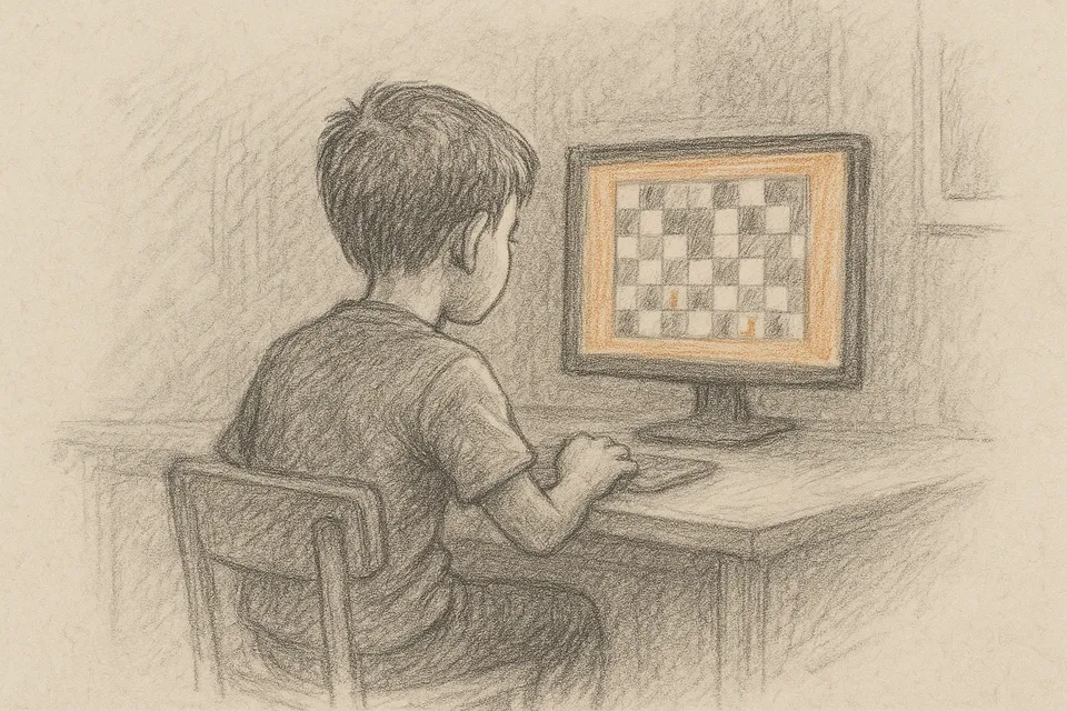 A ten-year-old boy seen from behind, sitting at a desk using an AI coding agent to build his first web application