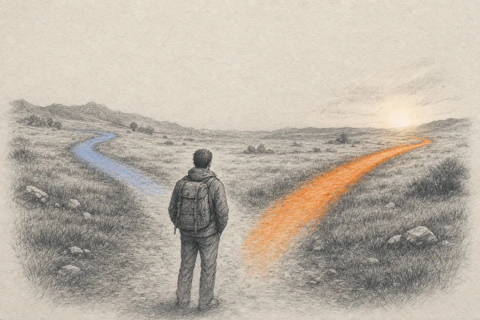 A graphite illustration of a fork in a road, two paths diverging, one chosen and one not
