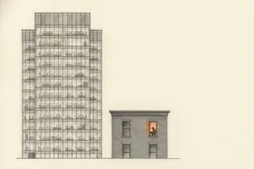 A tall glass office tower looming over a small two-story brick building with one lit window, showing the scale contrast between enterprise and growing companies